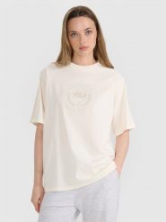 4F T-shirt oversize z nadrukiem damski - biały S. Białe t-shirty 4f, s, bez wzorów, z bawełny, bez kołnierzyka, bez ramiączek. W wyprzedaży za 49.99 zł.
