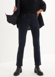Dżinsy ze stretchem straight, mid waist. Niebieskie jeansy bonprix, bez wzorów. Za 104.99 zł.