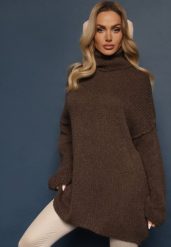 Brązowy Golf o Kroju Oversize z Wełną i Moherem Temirali. Brązowe golfy Renee, bez wzorów, z jeansu, bez ramiączek. Za 169.99 zł.