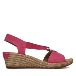 Sandały Rieker. Czerwone sandały Rieker, bez wzorów, bez obcasa, na koturnie, bez zapięcia. Za 239.99 zł.