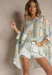 Niebieska Koszula z Bawełną w Kwiatowy Wzór Linetiela. Niebieskie koszule Renee, bez wzorów, z bawełny, eleganckie, bez kołnierzyka, bez ramiączek. Za 74.99 zł.