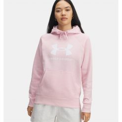Bluza Damska UA RIVAL FLEECE BIG LOGO HD 1379501-647 różowa LG. Czerwone bluzy Under Armour, bez wzorów, bez kaptura. Za 130.99 zł.