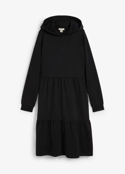 Sukienka dresowa. Czarne sukienki bonprix, bez wzorów, z dresówki, bez kołnierzyka, bez ramiączek, midi. Za 129.99 zł.