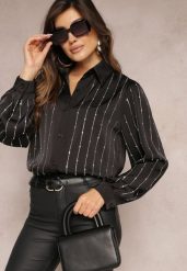 Czarna Koszula Zapinana w Ozdobne Cyrkonie Blekaza. Czarne koszule Renee, s, bez wzorów, z satyny, eleganckie, bez kołnierzyka, bez ramiączek. Za 49.99 zł.