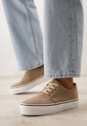 Ciemnobeżowe Klasyczne Tenisówki z Ozdobnym Paskiem przy Podeszwie Ranora. Brązowe obuwie sportowe Born2be, bez wzorów, z dresówki, bez zapięcia. Za 49.99 zł.