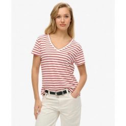 T-shirt z melangeowanym wzorem, z haftowanym logo i dekoltem w kształcie V dla k. Czerwone koszulki sportowe Superdry, bez wzorów, bez ramiączek. Za 111.35 zł.