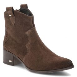 Brązowe Kowbojki Karino Stylowe Obuwie Damskie w Stylu Boho. Brązowe botki Karino, na jesień, bez wzorów, z weluru, bez obcasa, na obcasie, bez zapięcia. Za 475.99 zł.