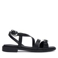 Sandały Tamaris. Czarne sandały Tamaris, bez wzorów, bez obcasa, na płaskiej podeszwie, bez zapięcia. Za 289.99 zł.