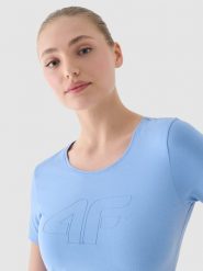 4F T-shirt slim z nadrukiem damski - niebieski L. Niebieskie t-shirty 4f, l, bez wzorów, z bawełny, bez kołnierzyka, bez ramiączek. W wyprzedaży za 39.99 zł.