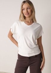 Biały T-shirt z Wiskozy z Trójkątnym Dekoltem Achiore. Białe t-shirty Born2be, l, bez wzorów, z jeansu, bez kołnierzyka, bez ramiączek. Za 79.99 zł.