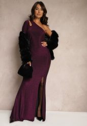Fioletowa Asymetryczna Sukienka Koktajlowa z Wiskozą Odkrytym Ramieniem i Marszczeniem Tiliena. Fioletowe sukienki Renee, na imprezę, l, bez wzorów, z wiskozy, eleganckie, z asymetrycznym kołnierzem, bez ramiączek, maxi, asymetryczne. Za 139.99 zł.