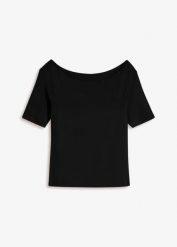 T-shirt z dekoltem carmen z mieszanki wiskozy. Czarne t-shirty bonprix, bez wzorów, z wiskozy, bez kołnierzyka, bez ramiączek. Za 59.99 zł.