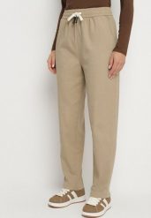Beżowe Spodnie Bawełniane w Stylu Mom Fit ze Sznurkiem Adenelle. Brązowe spodnie materiałowe Born2be, na co dzień, l, bez wzorów, z bawełny. Za 69.99 zł.