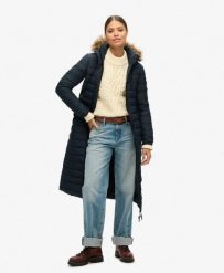 Płaszcz Super Longline Fuji. Niebieskie płaszcze Superdry, l, bez wzorów, z nylonu, bez kaptura. Za 677.00 zł.
