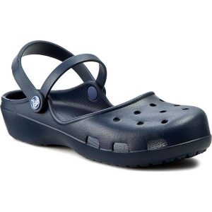 Sandały CROCS - Karin Clog W 202494 Navy. Niebieskie sandały Crocs, bez wzorów, z tworzywa sztucznego, bez obcasa, na obcasie, bez zapięcia. W wyprzedaży za 149.00 zł.