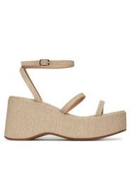 DeeZee Sandały E22067-5 Beżowy. Brązowe sandały DeeZee, bez wzorów, z materiału, bez obcasa, na koturnie, bez zapięcia. Za 139.99 zł.