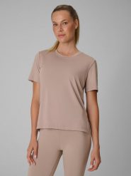 4F Koszulka treningowa loose szybkoschnąca damska - beżowa XS. Brązowe bluzki 4f, xs, bez wzorów, klasyczne, bez kołnierzyka, bez ramiączek. Za 79.99 zł.