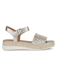 Geox Skórzane sandały "Eolie" w kolorze srebrnym na koturnie rozmiar: 37. Szare sandały Geox, bez wzorów, z otwartym noskiem, bez obcasa, na koturnie, bez zapięcia. Za 260.99 zł.