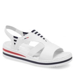 Sandały Rieker. Białe sandały Rieker, bez wzorów, bez obcasa, na koturnie, bez zapięcia. Za 259.99 zł.