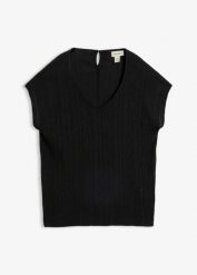 Bluzka w ażurowy wzór. Czarne bluzki bonprix, w ażurowe wzory, bez kołnierzyka, bez ramiączek. Za 34.99 zł.