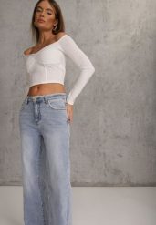 Niebieskie Szerokie Jeansy High Waist z Przeszyciami Tryphile. Niebieskie jeansy Renee, l, bez wzorów, z podwyższonym stanem. Za 119.99 zł.