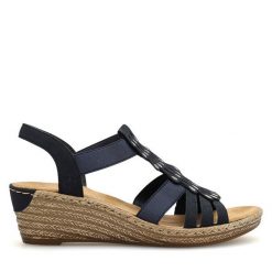 Sandały Rieker. Niebieskie sandały Rieker, bez wzorów, bez obcasa, na koturnie, bez zapięcia. Za 259.99 zł.