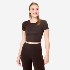Koszulka do jogi i pilatesu Breathe. Brązowe bluzki DOMYOS, xl, bez wzorów, z elastanu, sportowe, bez kołnierzyka, bez ramiączek. W wyprzedaży za 49.99 zł.
