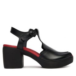 Sandały Fly London. Czarne sandały Fly London, bez wzorów, bez obcasa, na słupku, bez zapięcia. Za 589.99 zł.