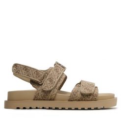 Sandały Guess. Brązowe sandały Guess, z aplikacjami, bez obcasa, na płaskiej podeszwie, bez zapięcia. Za 409.99 zł.