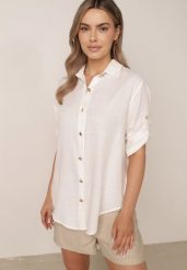 Biała Koszula Casual z Wiskozą i Lnem z Rękawami 3/4 Linyana. Białe koszule Born2be, l, bez wzorów, z jeansu, casualowe, bez kołnierzyka, bez ramiączek. Za 99.99 zł.