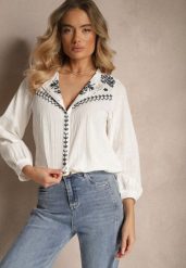 Biała Bawełniana Koszula Boho z Haftowanym Wzorem Gonniva. Białe koszule Renee, l, bez wzorów, z bawełny, boho, bez kołnierzyka, bez ramiączek. Za 79.99 zł.