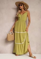 Jasnozielona Sukienka Zapinana na Guziki na Ramiączkach z Gumką w Talii i Falbanką Tiamalia. Zielone sukienki Renee, na imprezę, l, bez wzorów, eleganckie, bez kołnierzyka, bez ramiączek, maxi. Za 49.99 zł.