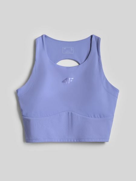 4F Crop top do jogi szybkoschnący damski - niebieski XL. Niebieskie topy 4f, l, bez wzorów, z gumy, bez kołnierzyka, bez ramiączek. Za 119.99 zł.