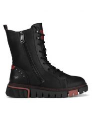 Mustang Botki 1502-502 Czarny. Czarne botki Mustang, bez wzorów, z materiału, bez obcasa, na płaskiej podeszwie, bez zapięcia. Za 399.99 zł.