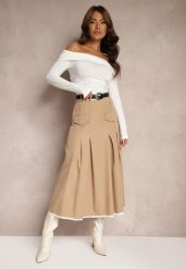 Beżowa Spódnica High Waist z Plisami Wykończona Imitacją Kieszeni i Paskiem Evilenes. Brązowe spódnice Renee, do pracy, l, bez wzorów, biznesowe, midi, dopasowane. Za 89.99 zł.