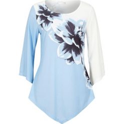 Tunika shirtowa z nadrukiem. Czarne tuniki bonprix, z aplikacjami, klasyczne, bez kołnierzyka, bez ramiączek. Za 109.99 zł.