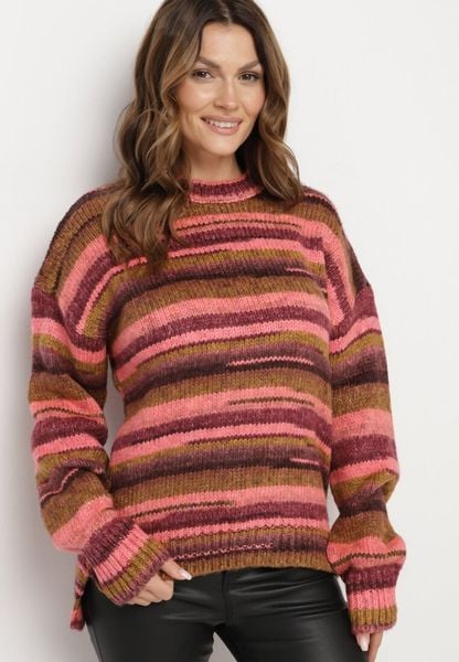Różowo-Brązowy Sweter w Poziome Paski Rortia. Czerwone swetry Born2be, m, bez wzorów, bez ramiączek. Za 59.99 zł.