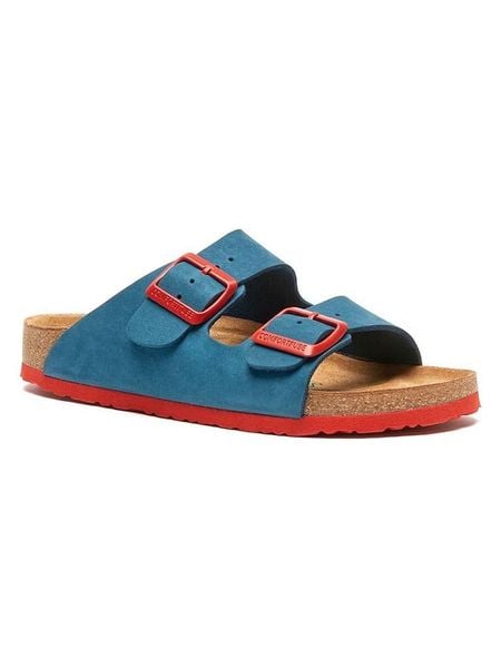 Comfortfusse Skórzane klapki w kolorze granatowo-czerwonym rozmiar: 39. Czerwone klapki Comfortfüße, bez wzorów, z otwartym noskiem, bez obcasa. Za 259.95 zł.