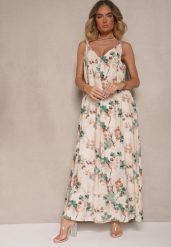 Beżowo-Zielona Rozkloszowana Sukienka na Ramiączkach z Wiskozą w Kwiatowy Wzór Jenariona. Zielone sukienki Renee, na co dzień, l, z aplikacjami, z wiskozy, eleganckie, bez kołnierzyka, bez ramiączek, maxi, rozkloszowane. Za 109.99 zł.