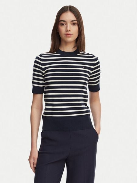 Tommy Hilfiger T-Shirt WW0WW49705 Granatowy Slim Fit. Niebieskie swetry TOMMY HILFIGER, xs, bez wzorów, z bawełny, bez kołnierzyka, bez ramiączek. Za 285.99 zł.