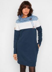 Sukienka dresowa z dużym kołnierzem. Niebieskie sukienki bonprix, bez wzorów, z dresówki, bez kołnierzyka, bez ramiączek. Za 149.99 zł.