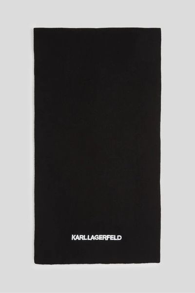 KARL LAGERFELD Czarny damski szalik z haftowanym logo. Czarne szaliki KARL LAGERFELD, na zimę, bez wzorów, z wełny, klasyczne. W wyprzedaży za 429.99 zł.
