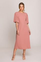 Elegancka sukienka koktajlowa z bufiastymi rękawami różana. Czerwone sukienki Stylove, na imprezę, m, bez wzorów, z elastanu, eleganckie, bez kołnierzyka, bez ramiączek, midi, dopasowane. Za 449.00 zł.