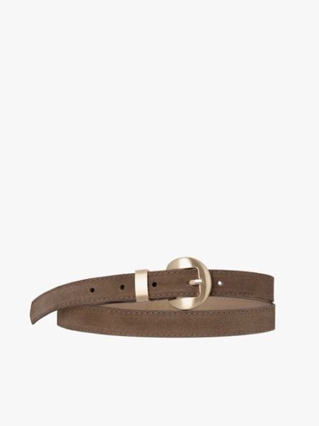 Ciemnobeżowy pasek ze skóry welurowej. Brązowe paski Ryłko, bez wzorów, z jeansu, eleganckie. Za 129.99 zł.