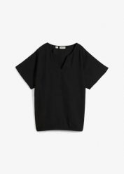 Bluzka oversize z elastycznym brzegiem. Czarne bluzki bonprix, bez wzorów, bez kołnierzyka, bez ramiączek. Za 89.99 zł.