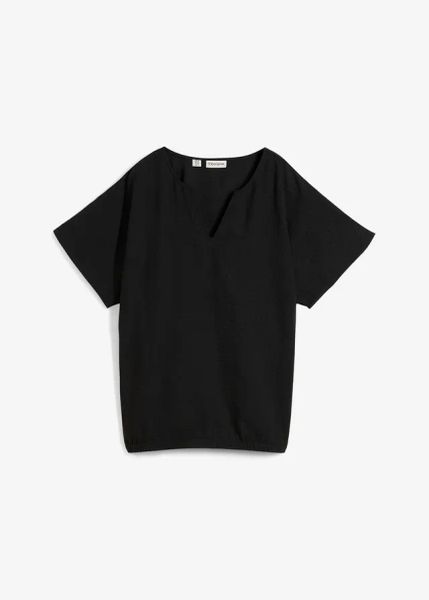 Bluzka oversize z elastycznym brzegiem. Czarne bluzki bonprix, bez wzorów, bez kołnierzyka, bez ramiączek. Za 89.99 zł.