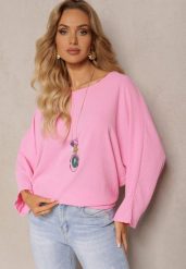 Różowa Bluzka o Fasonie Nietoperza z Naszyjnikiem Kenola. Czerwone bluzki Renee, bez wzorów, eleganckie, bez kołnierzyka, bez ramiączek. W wyprzedaży za 45.49 zł.