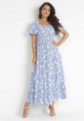 Niebieska Rozkloszowana Sukienka Maxi w Kwiaty Casceia. Niebieskie sukienki Born2be, m, bez wzorów, bez kołnierzyka, bez ramiączek, maxi, rozkloszowane. Za 74.99 zł.