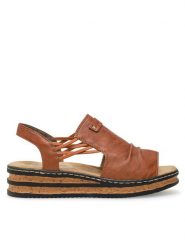 Rieker Sandały 62962-22 Brązowy. Brązowe sandały Rieker, bez wzorów, z syntetyku, bez obcasa, na koturnie, bez zapięcia. Za 239.99 zł.