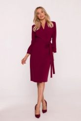 Elegancka sukienka ołówkowa kopertowa z wiązaniem bordowa. Czerwone sukienki Stylove, do pracy, s, bez wzorów, z elastanu, biznesowe, bez kołnierzyka, bez ramiączek, midi, dopasowane. W wyprzedaży za 314.00 zł.